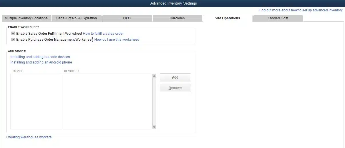 Enable Site Operations: Enable Sales Order Fulfillment Worksheet, Enable Purchase Order Management Worksheet